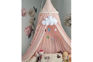 OLDPAPA Lit à baldaquin pour bébé avec un pompon, Ciel de Lit Moustiquaire - En coton Moustiquaire, Tente de Lecture Jeu pour Bébé Enfant Fille Garçon Décoration Chambre (Rose)