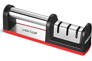 Dorlle Afilador de Cuchillos Profesional Afilador manual 3 en 1，Afilador de Cuchillos de Cocina, Rojo