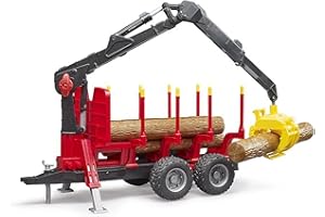 bruder 02252 - Remorque de débardage avec grue de chargement, 4 troncs d'arbre et grappin à bois - 1:16 Remorque, sylviculture, travail en forêt, arbres, chariot à bois, grue, chargeur, forestier