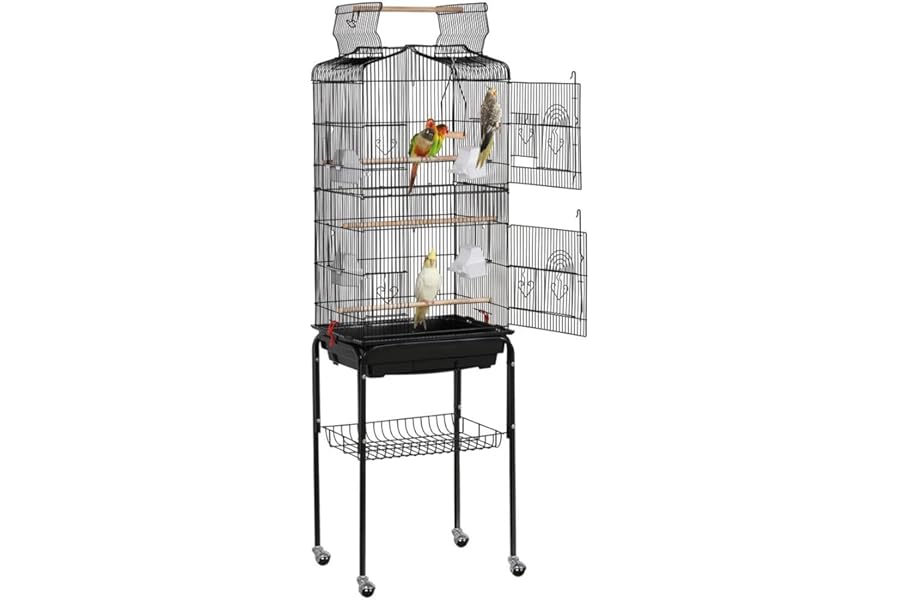 Yaheetech Large Bird Cage Open Play Top Parrot Cage Metal Budgie Cage with Rolling Stand for Medium Canary Cockatiel Cage