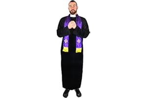 I LOVE FANCY DRESS Mens Priest Costume - Small - Black Robe and Purple Clerical Scarf - Adults Halloween Fancy Dress Costume