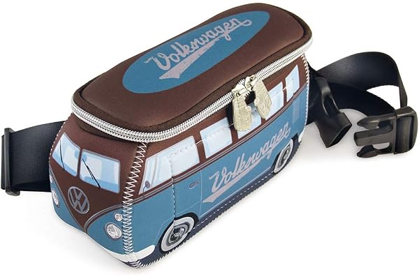 BRISA VW Collection - Sac Ceinture-Ceinture de Voyage-Ceinture Croisée en Néoprène Volkswagen au Design T1 Combi (Pétrole/Marron)