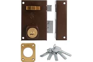 Amig - Cerradura de Sobreponer de Derecha con Palanca de Cierre - Lengüeta y Tirador para Puertas de Madera - Mod. 75, 72 x 112 mm - Cilindro Redondo de Seguridad - Acero Marrón