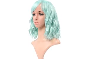 VCKOVCKO Natural Wavy Wig With Air Bangs Mint Green Colorful Short Bob Wigs for Women's Shoulder Length Wigs Curly Wavy Cosplay Wig for Girls(12",Light Green)