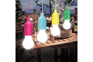 Lampop 4 Pack LED Light Bulb Battery Operated Portable Hanging Pull Cord Lamp On A Rope for Weddings Festivals Camping Parties Decoration, Cold White