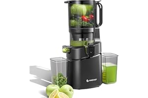 AMZCHEF Extracteur de jus automatique Vos mains libres, Ouverture de 145mm capacité de 1,8L Extracteur de jus de fruits et légumes entiers Extracteur jus lent de 250W avec triple filtre (Noir Profond)