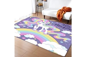 Sticker Superb. 3D Animal Unicorn Camera da Letto Tappeto Ragazza Ragazzo Soggiorno Tappetino Corridoio Sala da Pranzo Bagno Morbido Fluffy Tappetino da Gioco Gattonare per Bambini (Viola,140x200 cm)