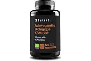 Ashwagandha KSM-66 Bio - 600mg par Gélule - Extrait de Racine avec 5% de Withanolides - Formule Végane Sans Additifs - 120 Gélules - Cure de 4 Mois - Zenement