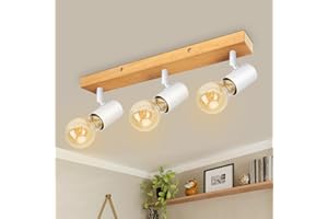 Kimjo Plafonnier Led Orientables 3 Spot - Plafonnier Bois et Blanc E27 - Vintage Plafonnier Industriel - Luminaire Mural Interieur - Lumières de Plafond Salon chambre Cuisine Sans Ampoules