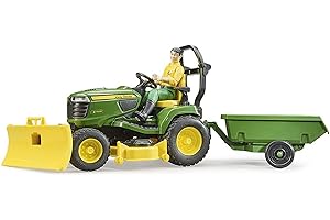 bruder 62104 - Bworld John Deere Tracteur à gazon avec remorque & jardinier - 1:16 Tracteur, tondeuse à gazon, remorque, ferme, homme, jouet figuratif, travailleur, paysan