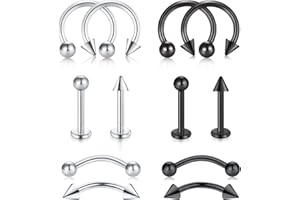 LAURITAMI 12pcs Pendientes Piercing Ceja Tragus Helix Aros Perno 8mm 16G Nariz Helix Acero Inoxidable Rook Curvado Bolas Herradura Labio Labret Piercing Joya