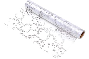 100%Mosel Bieżnik na stół w gwiazdki, srebrny/metaliczny (28 cm x 5 m), taśma z organzy, elegancka dekoracja stołu na Boże Narodzenie i czas adwentu, odświętna dekoracja na specjalne okazje