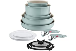 Lagostina Ingenio Pastel, Set di Padelle Antiaderenti 11 Pezzi con Manico Rimovibile, Compatibili con Induzione e Forno, Design Salvaspazio, Colore Salvia