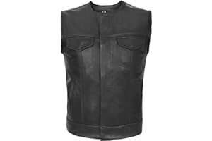 Lesa Collection Stylish Collarless Leather Biker Waistcoat for Men - Classic Sleeveless Motorcycle Vest with Deep Pockets