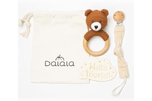 DALALA Regalo Bebe Recien Nacido Niño Niña Original Sonajero Ganchillo Hecho a Mano en Algodon y Madera Chupetero Juguete Estimulación Montessori Ideal como Regalo Nacimiento Cumpleaños Bautizo