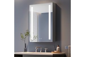 ‎DRIPEX Dripex Spiegelschrank Bad mit Beleuchtung, Glasablage und Steckdose, Badezimmerschrank mit Spiegel, 3 Lichtfarbe Einstellbar, Dimmbar, Linkstürige Spiegelschrank, Beschlagfrei 60 x 80 cm Grau