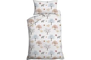 Hajran Linen 2 Pcs Baby Cot Duvet/Quilt Cover Set - 100% Pure Cotton | 1 Duvet/Quilt Cover (120 x 90 cm) & 1 Pillowcase (40 x 60 cm) | Breathable, Soft, Comfy, Anti-allergic (Trees and Animals)