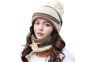 Kaxich 3 in 1 Winter Knitted Beanie Hat and Circle Scarf Set with Face Mask Women Warm Knitted Scarf Pom Pom Cap for Indoor and Outdoor Sports