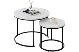 HUHOTE Round Coffee Table, Set of 2, Living Room Table, Coffee Table Made of Wood, Side Table Set, Sofa Table for Living Room, Bedroom, Office, Balcony, Black Metal Frame and White Marble Table Top