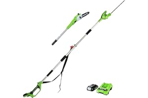 Greenworks G24PSHK2 Cordless 2-in-1 Pole Saw and Pole, Pole Saw 20cm Bar, Pole Hedge Trimmer with Shoulder Strap 51cm Dual Action Blades, 24V 2Ah Battery & Charger, 3 Year Guarantee