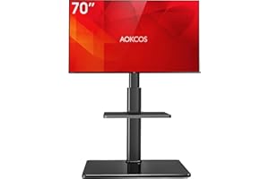 AOKCOS Supporto TV da Pavimento Inclinabile per 32-55 65 70 Pollici, Girevole & Altezza Regolazione Mobile Porta TV da Terra con Mensola, Max VESA 400x400mm 40kg