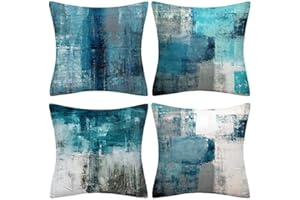 QUALKNOY Set of 4 Velvet Cushion Covers 16x16 inches - Teal Modern Abstract Art Decorative Throw Pillow Cases for Living Room Sofa and Outdoor Decor Pillowcases