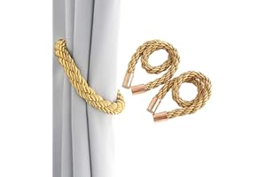 Magnetic Curtain Tiebacks,Senshuomy 2 PCS Curtain Rope Fasteners with Strong Magnets, Braided Rope Curtain Holder Decoration, Suitable for Home Office Hotel Window Deco No Install/Drill/Hook(Gold)