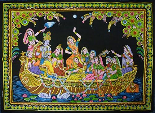 Pilgrims Fair Trade Sequin Cotton Shrine Picture Wall Art Hindu God Radha Krishna on a Boat 110 x 80 cm