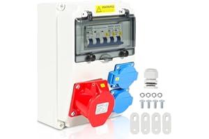 Gimisgu Répartiteur mural avec disjoncteur 5 broches avec 2 prises Schuko et prise CEE 16 A pour l'intérieur et l'extérieur