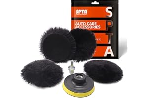 SPTA Lammfell pad, Lammwollhaube, Lammfell, 5tlg 80mm Polieren polierscheibe Polierset Set Wolle Pad Lammwolle 80mm Klett pad polierscheibe + M14 Bohrer Adapter für Auto poliermaschine -HWPPS3M14M6