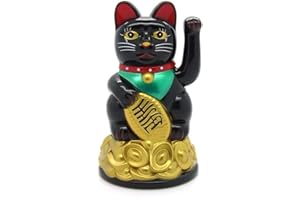Gato de la suerte Starlet24, gato que saluda, gato Feng Shui, Maneki Neko, plástico, Negro , 11 cm