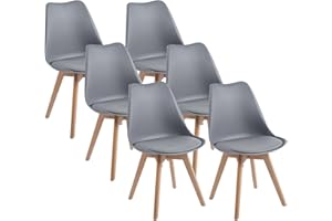 DEWINNER Pack de 6 Sillas de Comedor, Silla de Oficina con Respaldo Ergonómico, Asiento Acolchado Tapizado y Patas de Madera Maciza de Haya, Sillas de Cocina Gris