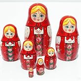 DEİNHAUS Matruşka Seti, Kırmızı, Ahşap, 6 Par&ccedil;a, El Yapımı, Montessori Eğitici, &Ccedil;i&ccedil;ek Desenli, Dekoratif