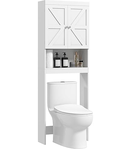 Meuble De Rangement Pour-dessus WC - 5 étagères Dont 3 Réglables, Porte Coulissante - 63 X 29 X 170 Cm - En Bois Et Métal - Blanc - Gain De Place Salle De Bain