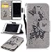 Produktbild Lonchee iPhone 7 (4,7 zoll) Wallet Tasche Brieftasche Schutzhülle , geprägten Prägung Muster Design Hochwertige PU Leder Folio Tasche Case Hülle im Bookstyle mit Standfunktion Kredit Kartenfächer Abnehmbare Handschlaufe(grau Schmetterling Prägung)