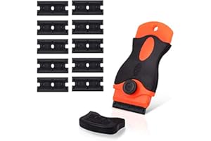 CANOPUS (Orange) Verre Grattoir, Grattoir Plastique, Grattoir de Rasoir en Double Tranchant en Plastique avec 10 pcs Lames pour enlever les étiquettes, a Colle, la peinture Autocollants