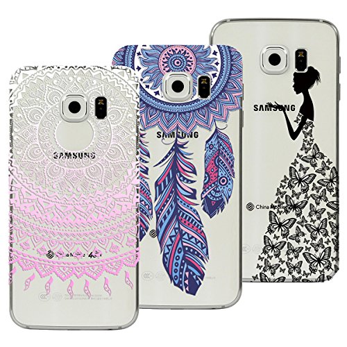 Preisvergleich Produktbild Yokata Kompatibel mit Samsung Galaxy S6 Hülle Silikon Transparent Durchsichtig Handyhülle Schutzhülle TPU Dünn Slim Kratzfest mit Motiv Muster [3 Pack] - Mandala + Feder + Mädchen Schmetterling