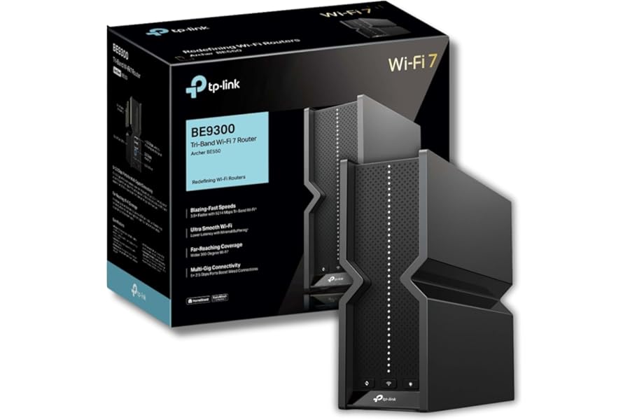 TP-Link Archer BE550 Tri-Band BE9300 WiFi 7 Router, 6-Stream 9.2Gbps Speed WiFi Router, Full 5x 2.5G WAN/LAN Ports, 6x Internal Antennas Covers Up to 2,000 Sq. Ft., VPN Support, Homeshield, Easy Setup