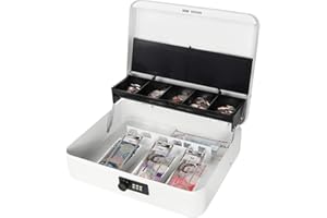 Parrency Locking Large Metal Cash Box with Money Tray, Money Box with Combination Lock, 11.8L x 9.5W x 3.5H Inches, White
