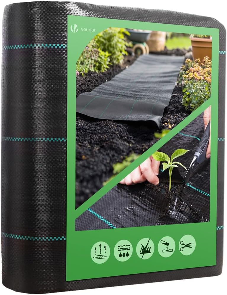 VOUNOT® Toile de Paillage Contre Les Mauvais Herbes 10 M x 2 M en Fibres de Polypropylène Tissées Anti-UV 100 g/m2 Résistant Aux Déchirures avec Haute Stabilisation Bâche de Paillage Noir