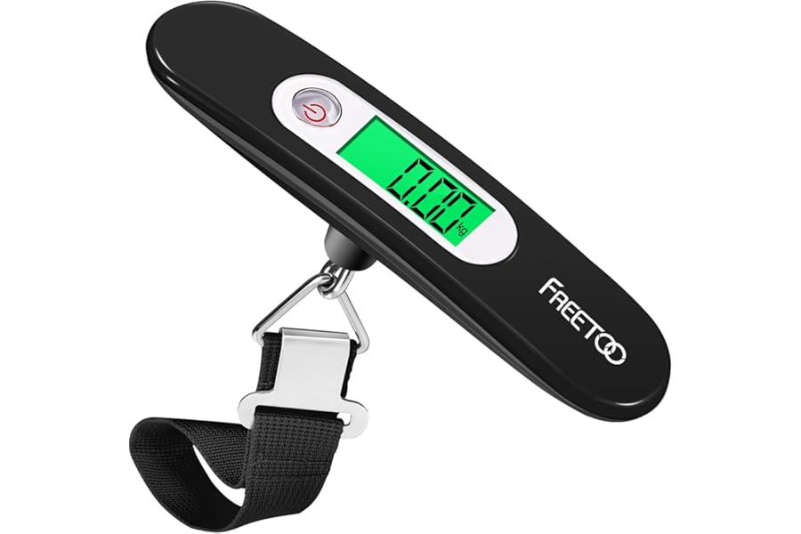FREETOO Gepäckwaage Tragbare Digitale Kofferwaage | LCD-Anzeige mit Hintergrundbeleuchtung Tara-Funktion Praktisch für Reisen/Familienleben bis 50KG (Schwarz)