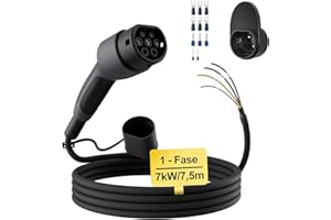 dé Cavo di Ricarica Tipo 2 a estremità Aperta 7kW [1-Fase|7,5m|32A] per Wallbox/Cavo di Sostituzione per Stazione di Ricarica