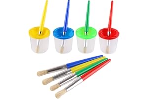 VEYLIN Lot de 4 pots de peinture avec pinceaux, 4 pots de peinture anti-déversement avec couvercles et 4 pinceaux pour enfants