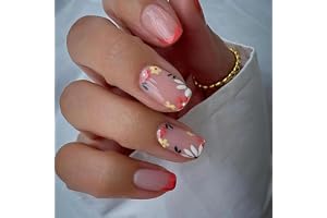 24 Pièces Faux Ongles Court Carrés Français Ongles à Coller Glossy Colorful Fleurs Acrylique Capsules Ongles Ballerine Acrylique Press on Nails pour Femmes et Filles Salons De Manucure