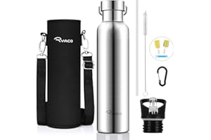 Ryaco Butelka do picia ze stali nierdzewnej, 560 ml, 750 ml, 1000 ml, próżniowo izolowana, nie zawiera BPA, szczelna, termos, 24 godziny chłodzenia i utrzymywanie ciepła przez 12 godzin, w zestawie 2 wymienne nasadki