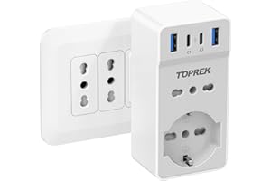 TOPREK Presa Multipla USB Salvaspazio con 4 USB(C1 20W PD3.0), Spina Italiana, 6 in 1 Adattatore Multipresa Elettrica da Muro con 1 Schuko & 1 Prese IT & 2 Type-C & 2 Type-A, 4000W/16A (Bianco)