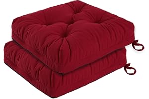PRIMEPATIO Chair Cushions for Dining Chairs Set of 2, Tufted Overstuffed Textured Booster Foam Chair Pad with Ties and Non-Slip, 8cm Thick Seat Cushions for Kitchen, Garden, 40x40cm, Red