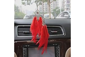 ZYSY Car Rear View Mirror Hanging Pendant, Feather Dream Catcher Crystal Charm Bling Car Deco Accessories for Women (Red)