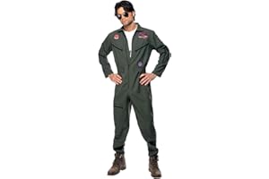 Smiffys Men's Aviator Pilot Costume, Military Green Jumpsuit with Badge Detail, Top Gun-Inspired Fancy Dress Outfit, Available in Sizes S-XXL