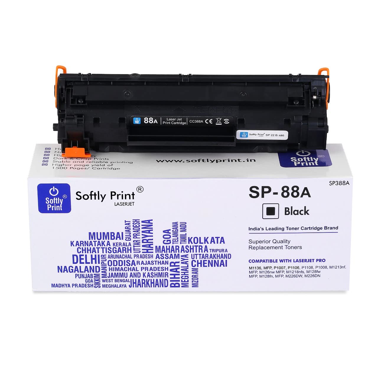 Softly Print Toner Cartridge 88A CC388A Compatible with HP Laserjet Printers P1007,P1106,P1108,P1008,M1213nf MFP,M1136 MFP,M1